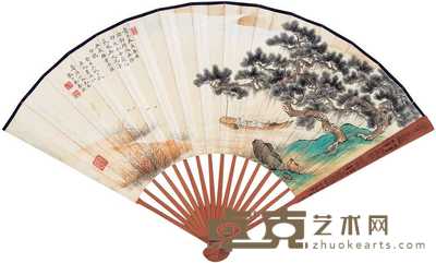 秦淦 秦文锦 1933年作 松溪纶钩 隶书 成扇 